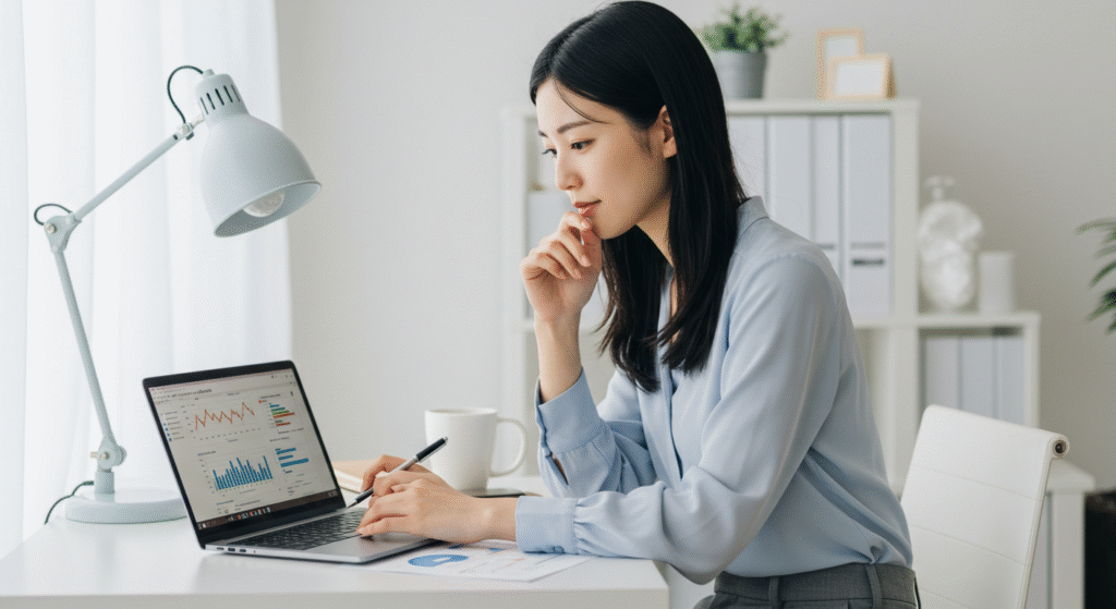 ネット証券の中身を確認している女性