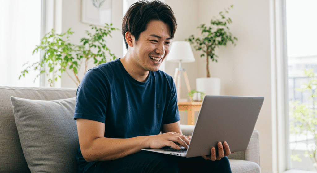証券口座設定を行なっている男性