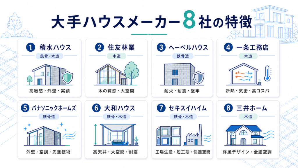 大手ハウスメーカー8社の特徴
